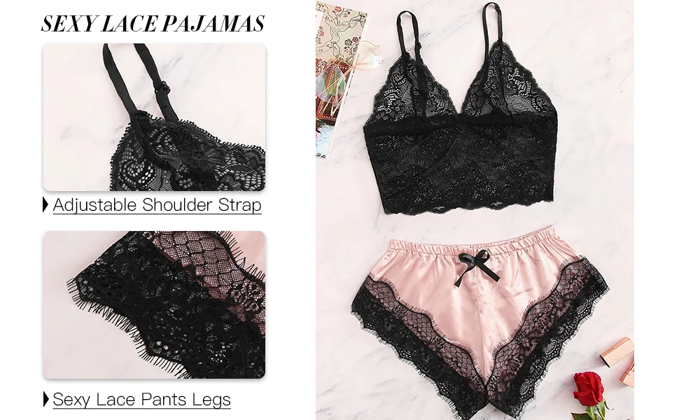 2-teiliges Damen-Pyjama-Set aus Satin, Spitze, Cami-Top und Shorts, sexy Dessous, Nachtwäsche, Sommer, atmungsaktive Nachtwäsche, Schwarz und Rosa – Detail 2