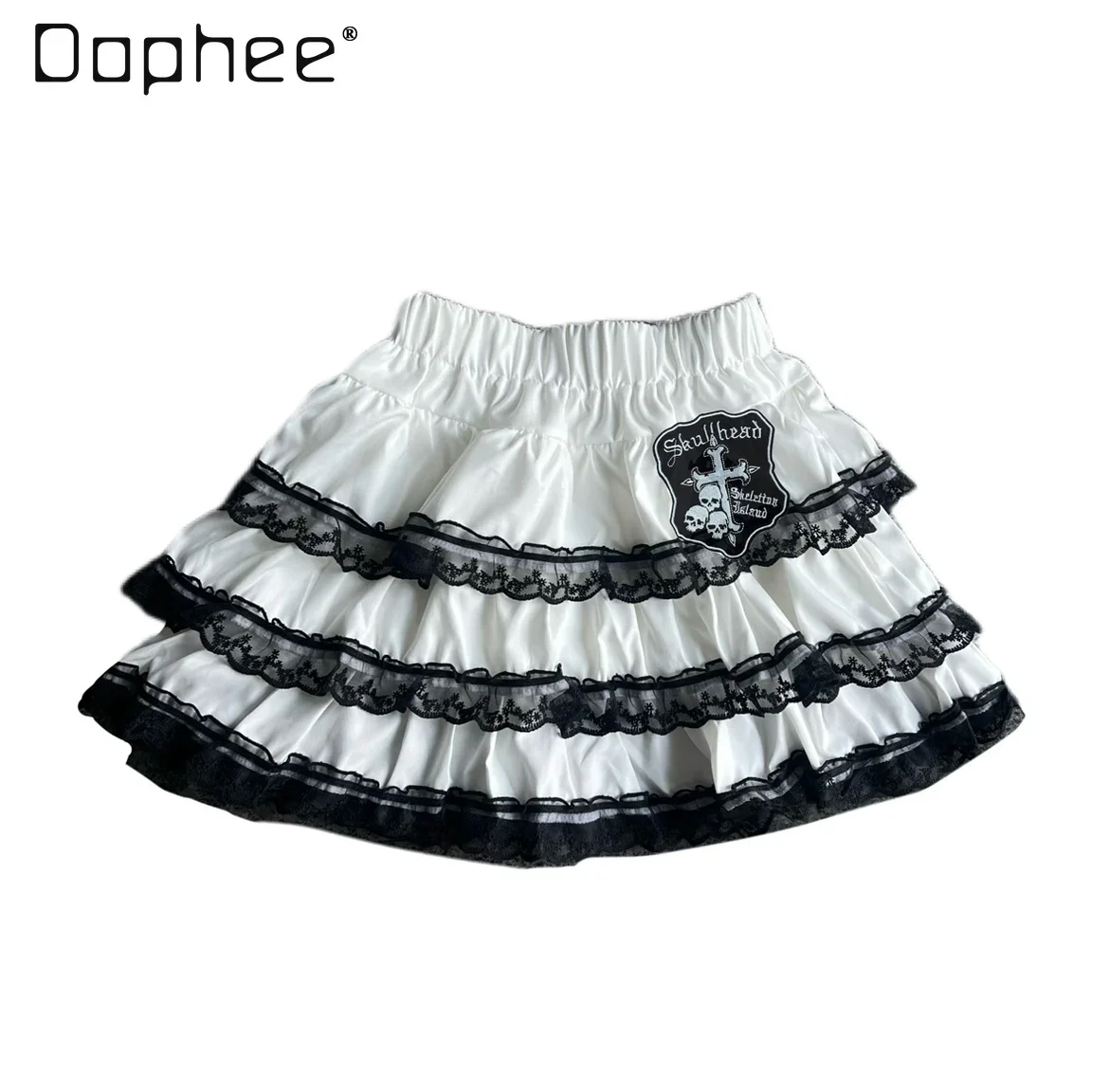 Y2K Lace Cake Skirt Skeleton Embroidered Punk Japanese Style Multi Layer Elastic Waist A Line Short Skirt Sweet Gothic