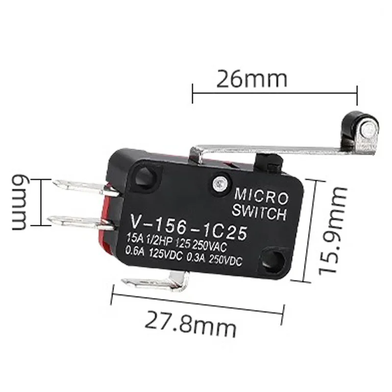 10PCS Microswitch Long Lever AC 250V 15A V-156-1C25 SPDT Roller Lever Micro Switch