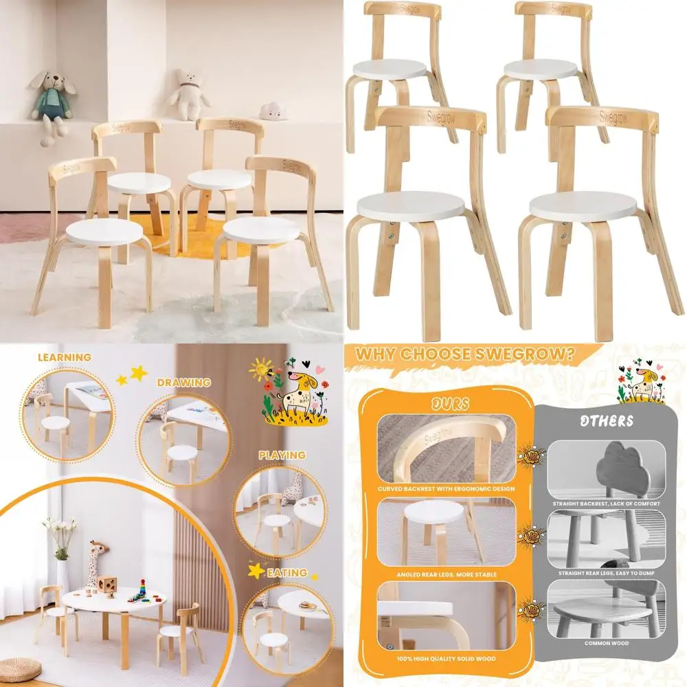 

White Stackable Wooden Toddler Chairs Set of 4 for Dining, Playroom, or Classroom