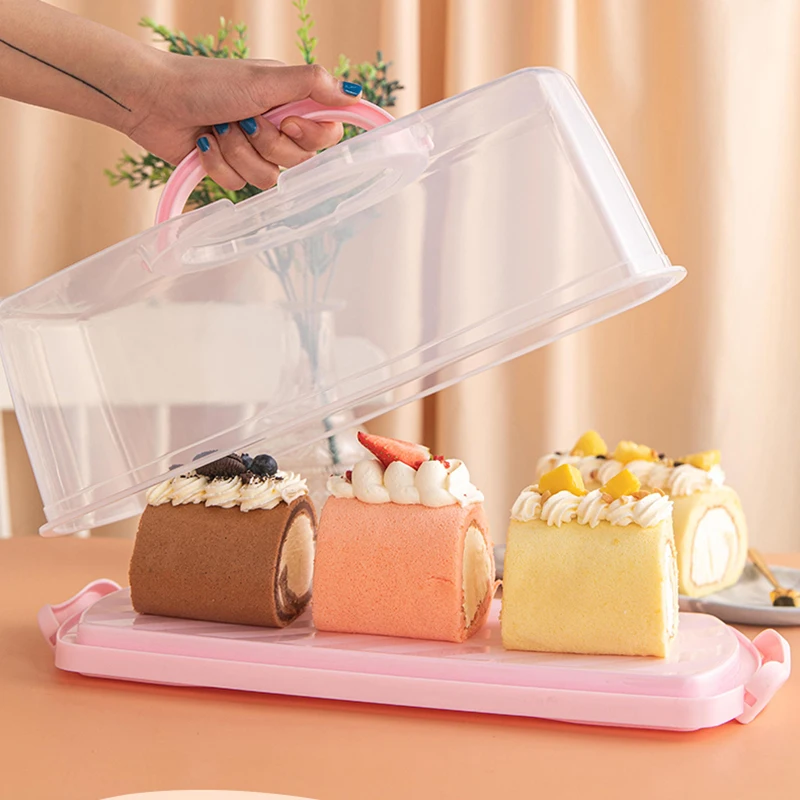 Portable Rectangular Loaf Bread Container with Transparent Lid Cake Storage Box with Handle Plastic Organizer for Kitchen