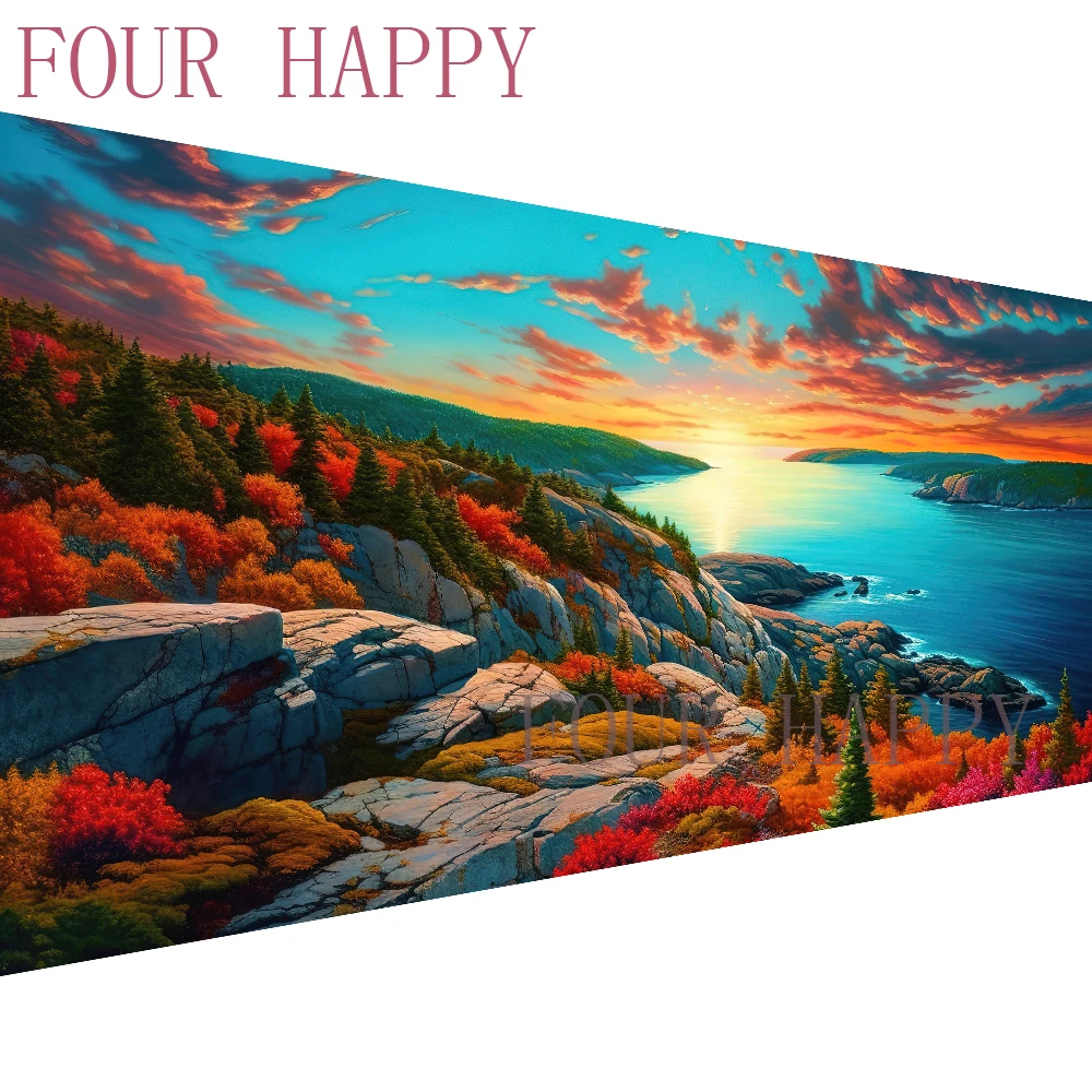 5D DIY Large Diamond Painting Cross Sunset River Mountain Landscape Wall Art, Full Round Drill, Embroidery Home Decor