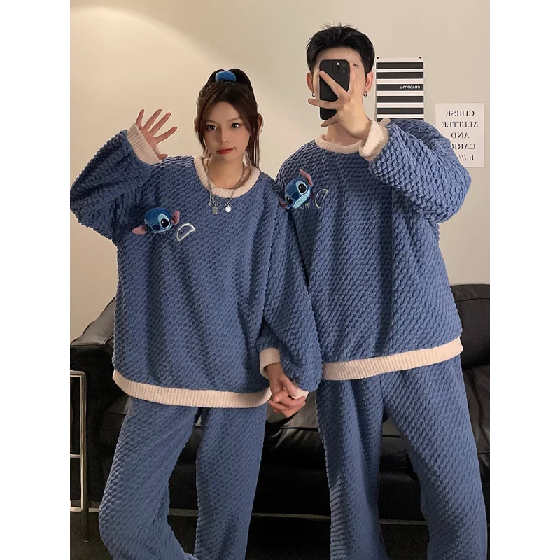 Cartoon Disney couple pajamas new round neck long-sleeved trousers coral fleece two-piece set Stitch men\'s/women\'s pajamas