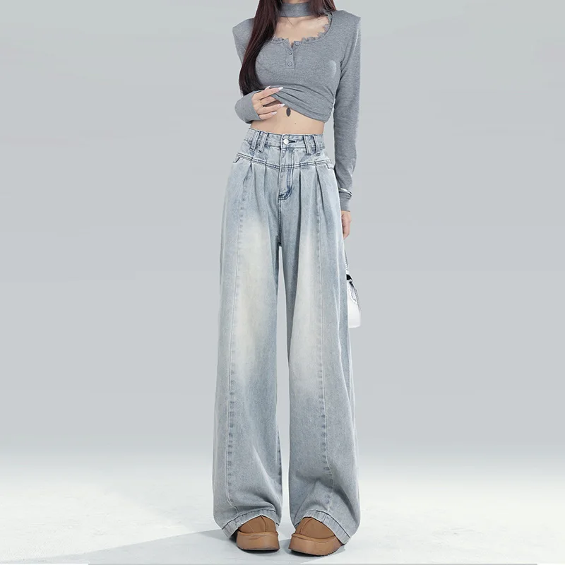 

Женские американские винтажные джинсы с высокой талией, женские дизайнерские широкие брюки в стиле панк со рюшами, модные светло-голубые джинсовые брюки для девочек Y2k