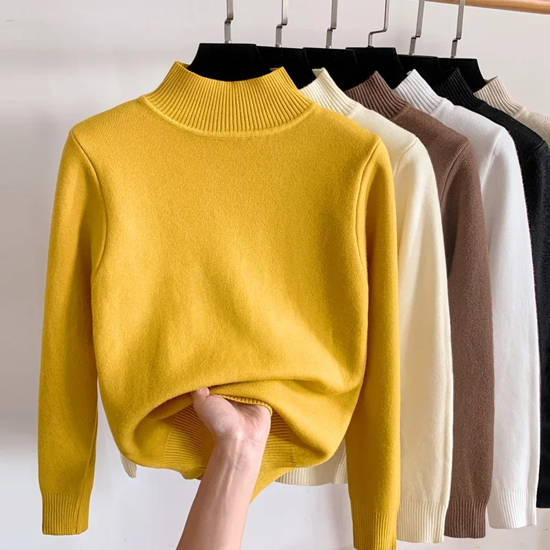 Winter Thicken Plus Velvet Knitted Sweater Women's Slim Warm Plush Lined Knit Tops Korean Basic Knitwear Jumper Casual Pullover