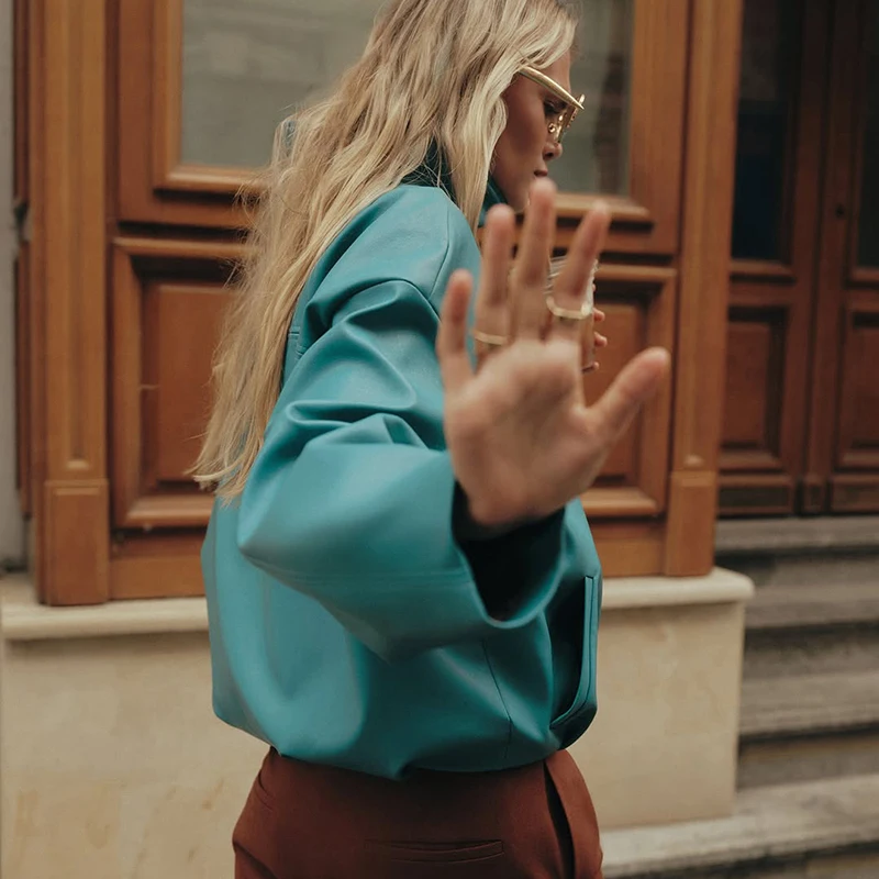 Übergroße Kunstlederjacken für Damen, Streetwear mit Stehkragen, Langarm, Gerüscht, Einfarbig, Locker Sitzende Mäntel, Schicke Damen-Oberbekleidung – Detail 8