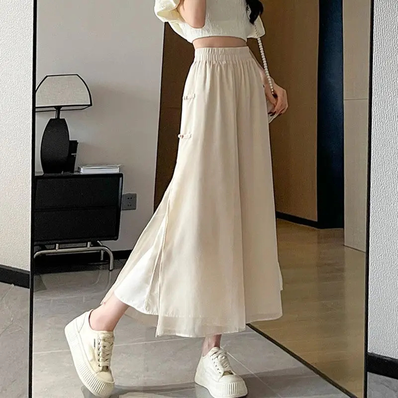 Estilo chinês chiffon calças de perna larga para o verão feminino 2025 novo solto tornozelo comprimento casual saia fina calças cintura alta baggy