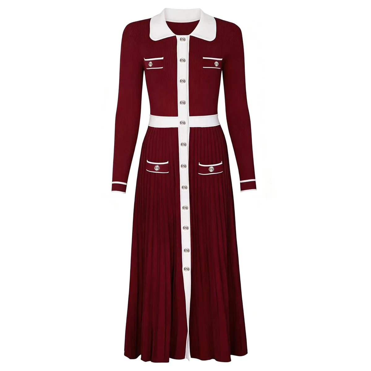 

High Quality Autumn And Winter New Fashionable Knitted Collar Slim Fit Color Blocked Pleated Long Sleeved Women's Dress