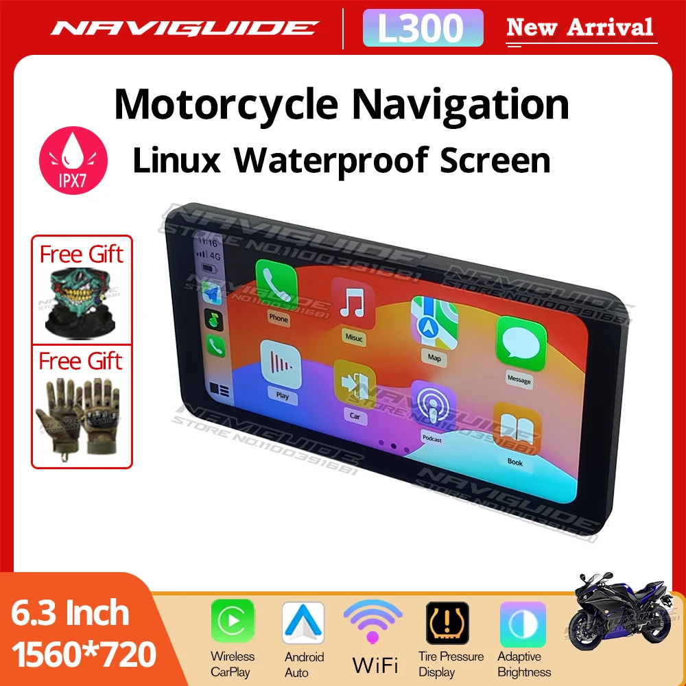 NAVIGUIDE L300 6.3 Inch Linux CarPlay GPS Wireless Android Auto Motorcycle Portable Screen Moto Monitor BT Optional DVR TPMS