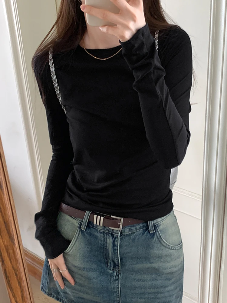 Spring Autumn T Shirt Women Tops Solid Long Sleeve Ruched O Neck Tshirts Female Korean Casual Streetwear High Quality Base Tees