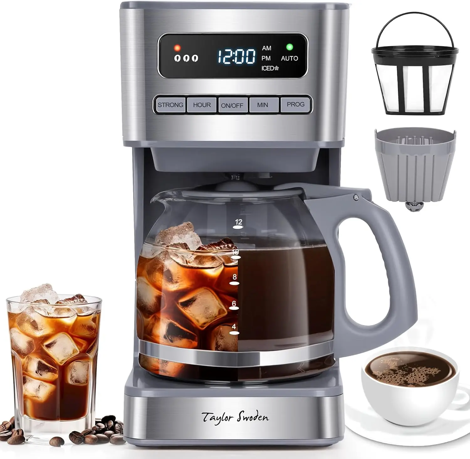 Programmable Coffee Maker 12 Cup, Hot and Iced Drip Coffee Machine with LED Display, 4 Brew Strengths, 24H Timer, Auto Shutoff