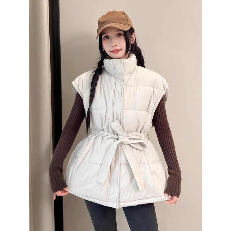 

Пуховый хлопковый жилет, женский жилет для внешней торговли, осень-зима, новая корейская версия, однотонный жилет на шнуровке на талии, модный