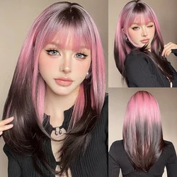 Long Straight Layered Wigs with Bangs Ombre Black to Pink Purple Synthetic Wig Cosplay Lolita Wig for Women Heat Resistant Fiber