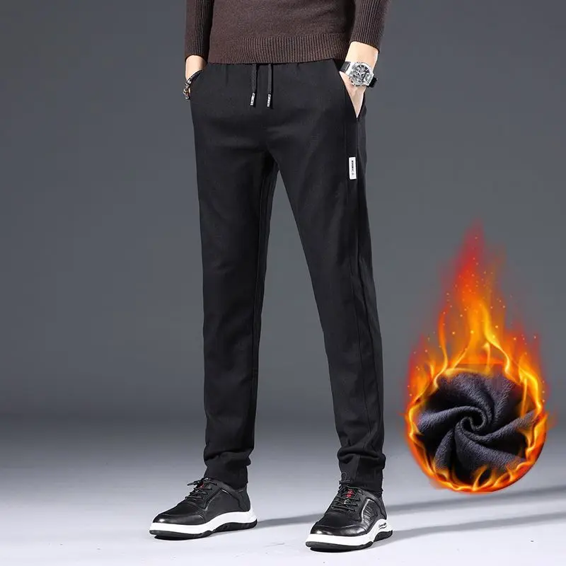 

Fashion Men Fleece Lined Thermal Suit Pants Male Casual Slim Fit Blazer Pants Loose Straight Ankle Length Pants Black Trousers