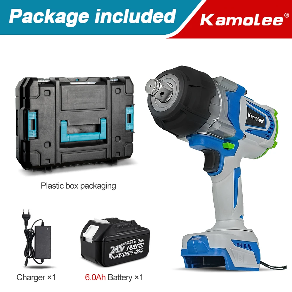 Kamolee 3/4 inch borstelloze elektrische sleutel, 4100NM slagmoersleutel met hoog koppel, snoerloos elektrisch handgereedschap voor reparaties