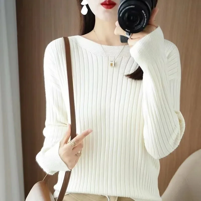 

Women Ribbed Slash Neck Slim Sweater Knitted Long Sleeve Office Sweaters Casual Solid Pullovers For Women 2023 Autumn