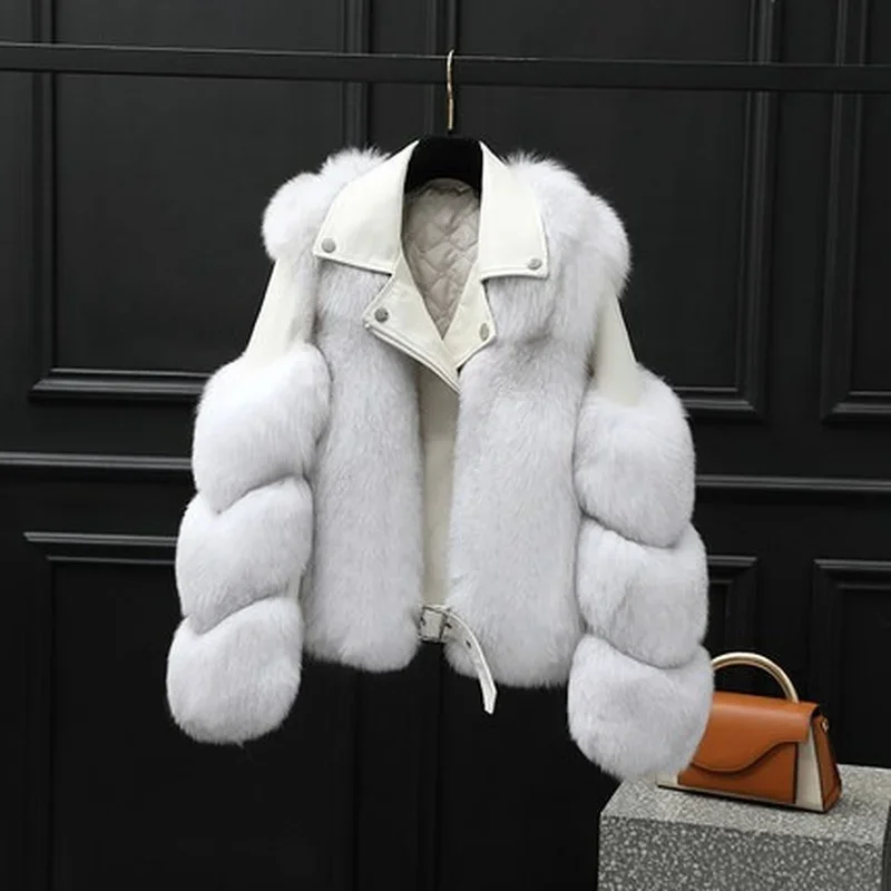 Fashionable warm short fox fur coat and sheepskin leather full fox fur motorcycle jacket luxury women\'s 2024 winter new