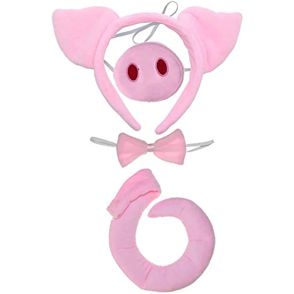 Skeleteen Pig Costume Accessories Set Fuzzy Pink Pig Ears Headband, Bowtie, Snout and Tail Kit Piglet Costumes Toddlers and Kids