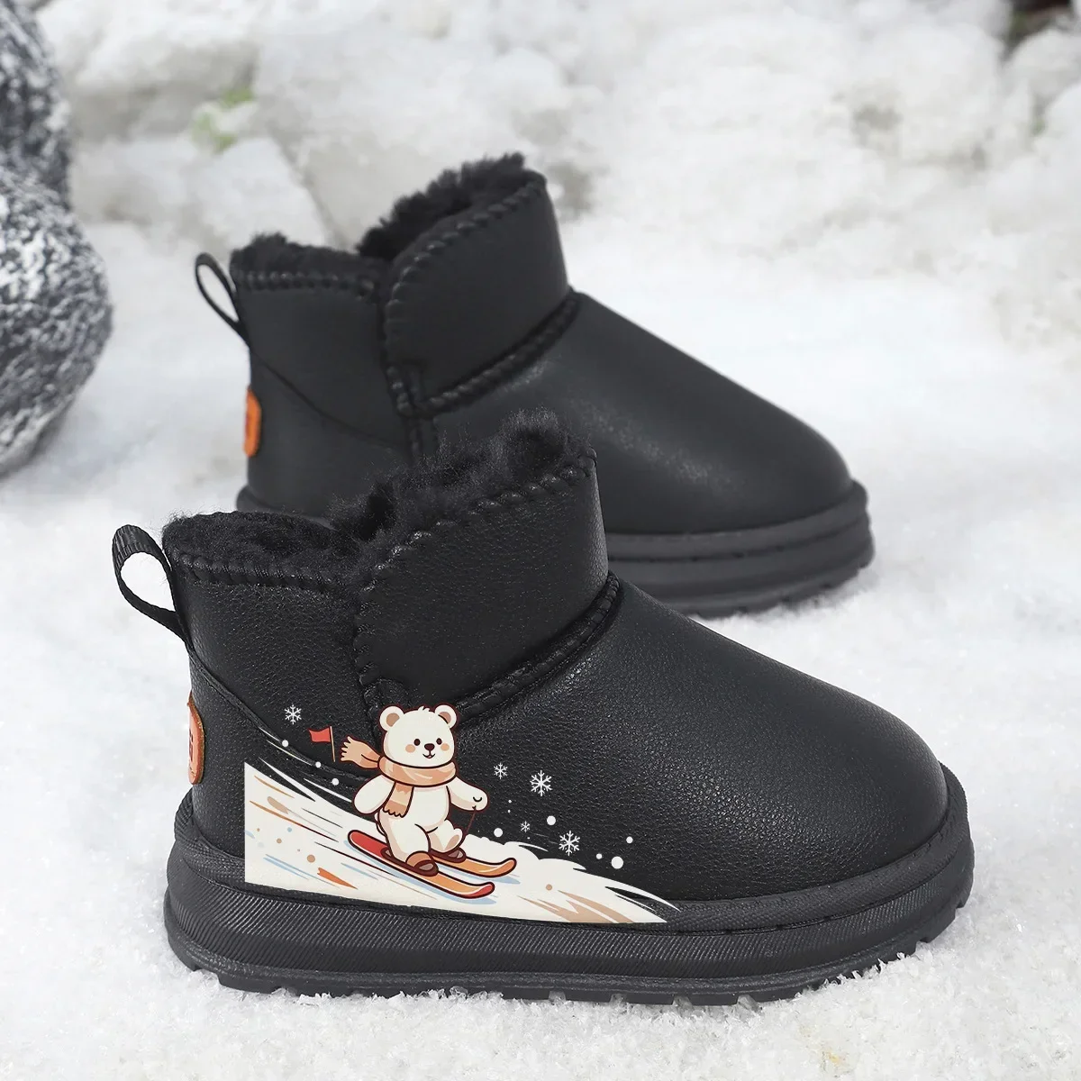 Kids Winter Snow Boots Fluffy Inside Black Leather Boots Warm Cute Bear Non-Slip Rubber Thick Sole Ankle Booties for Boys Girls