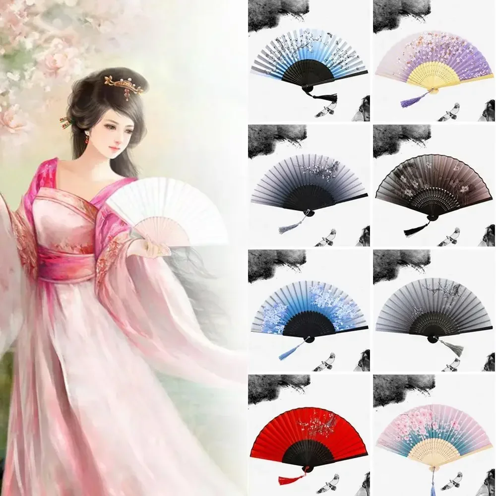 Silk Chinese Japanese Folding Fan Bamboo Tassel Elegent Female Fan Vintage Style Folding Fan Colorful Hand Fan