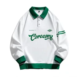 Men's Sweatshirts American Vintage Polo Shirt Men Preppy Lapel Couple Pullover Tops Street Color Matching Print Blockcore Jersey