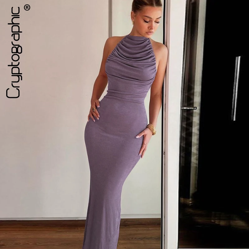 

Cryptographic Sexy Backless Halter Maxi Dress Ruched Club Party Elegant Outfits for Women Summer Robe Strappy Dresses Vestido