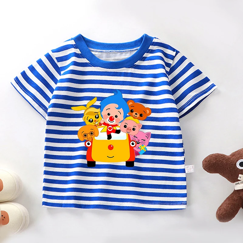 Camiseta de verano a rayas Plims Clown para niños y niñas, camiseta de manga corta para bebé, camiseta de manga media fina, ropa casual