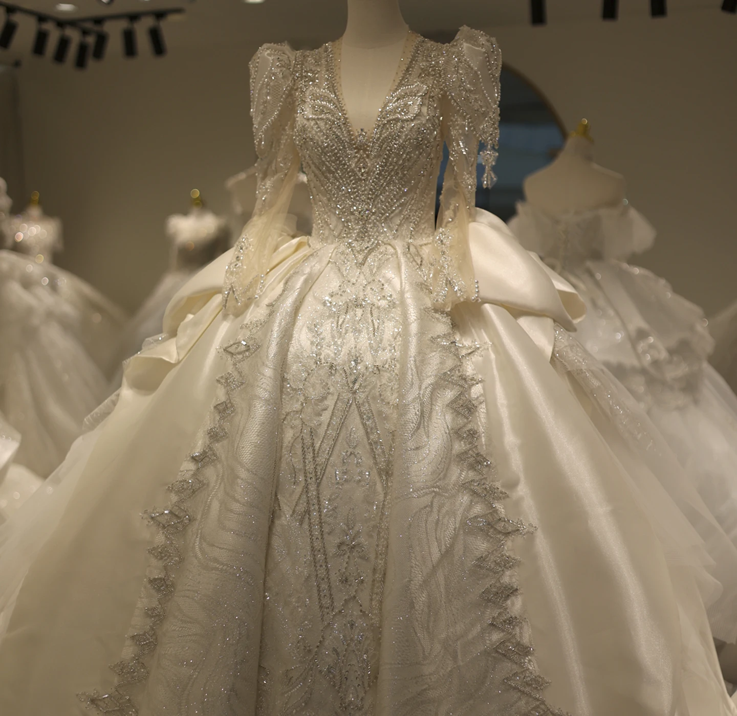 

Sharon Said Luxury Satin Ball Gown Arabic Wedding Dress Real Photos V-neck Long Sleeves Dubai Bride Dress RS004 Customized