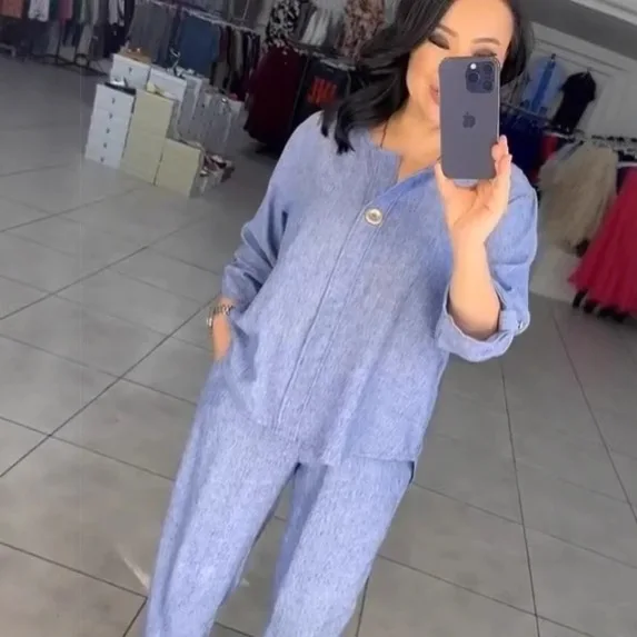 

Хлопково-льняная рубашка с круглым вырезом и длинными рукавами, весенне-осенние повседневные однотонные брюки с карманами, женские пижамы, комплект из 2 предметов