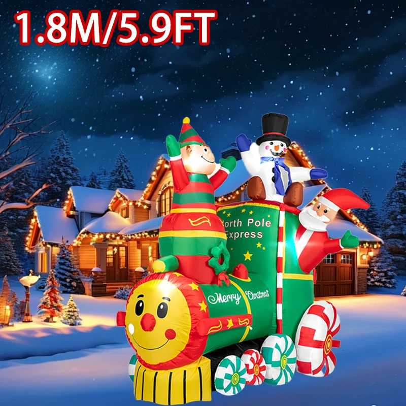1.8M/5.9FT Height Christmas Inflatable Santa ClausThe Train with Elf and Snowman Blow up Outdoor Lawn Yard,Garden Decorations view 3