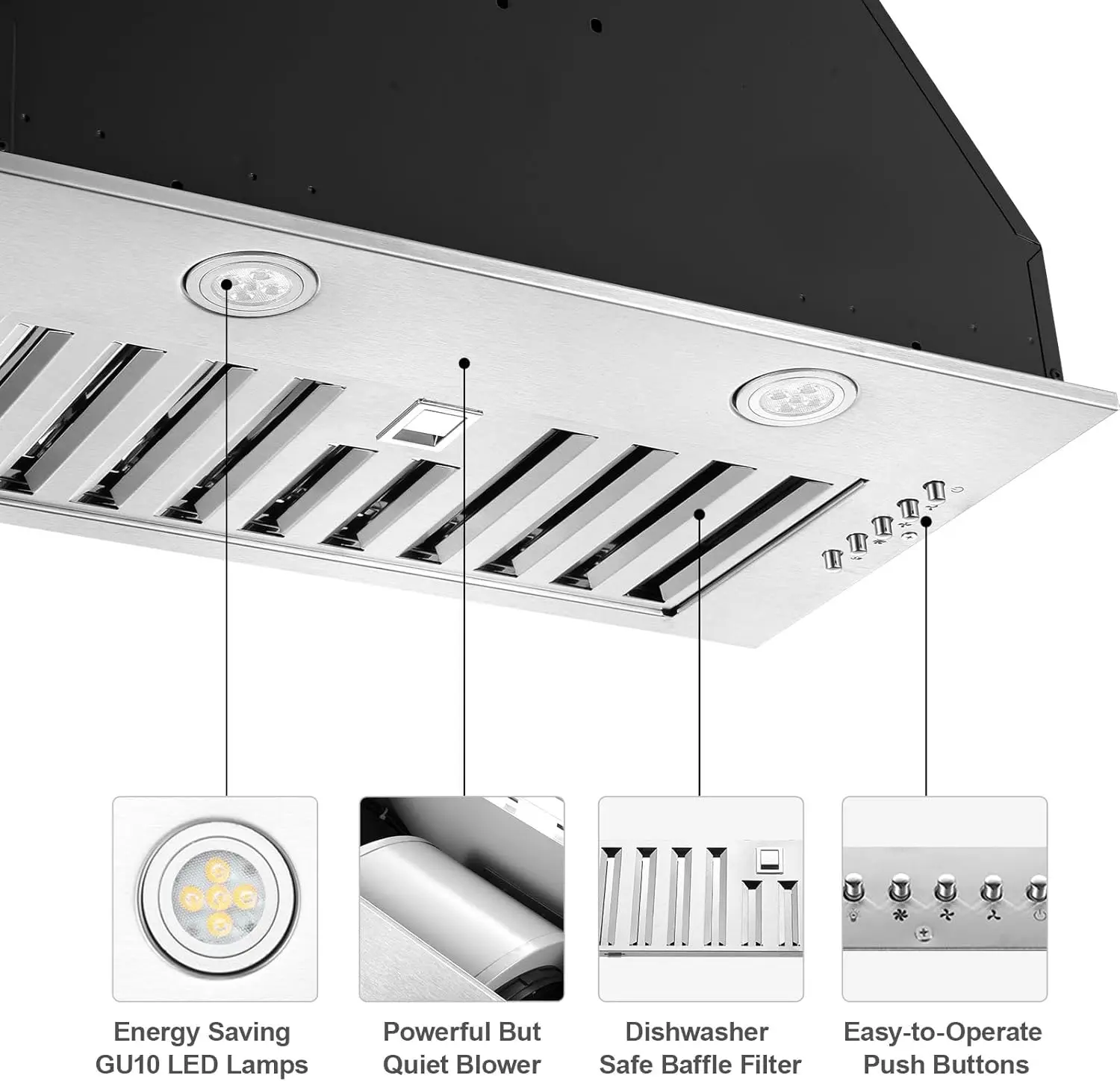 Inserto para campana extractora de 20 pulgadas, campana de cocina integrada de 600 CFM, campana de estufa convertible con conductos/sin conductos, 2 luces LED reemplazables