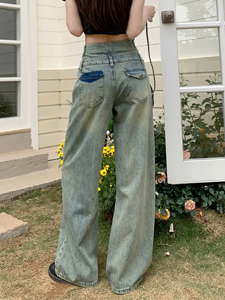 Eleganckie damskie spodnie z szerokimi nogawkami, wygodne, nowość, długie do podłogi, luźny krój, wyszczuplające jeansy, spodnie z wysokim stanem.