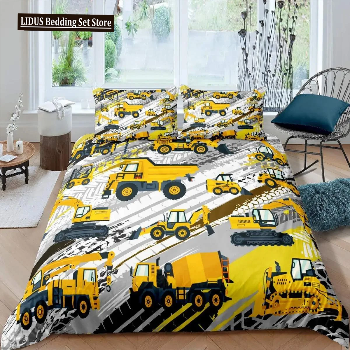 

Kid Excavator Duvet Cover Tractor Truck Bedding Set Construction Vehicle Cartoon Comforter Cover Crane Car Polyester Quilt Cover