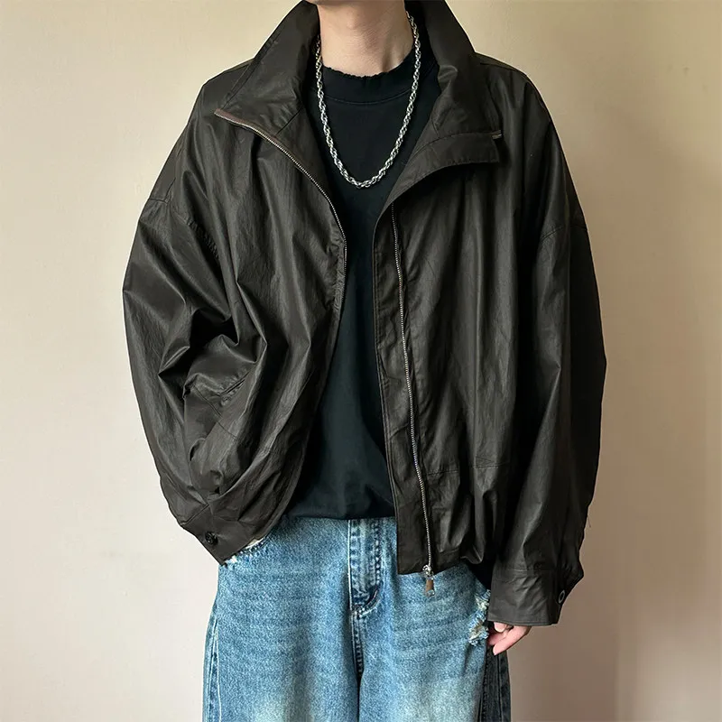 

American Sle Cleanfit Oversize Leather Jaet Men's Windproof Environmentally Friendly PU Outerwear Bat Sle Long Sve