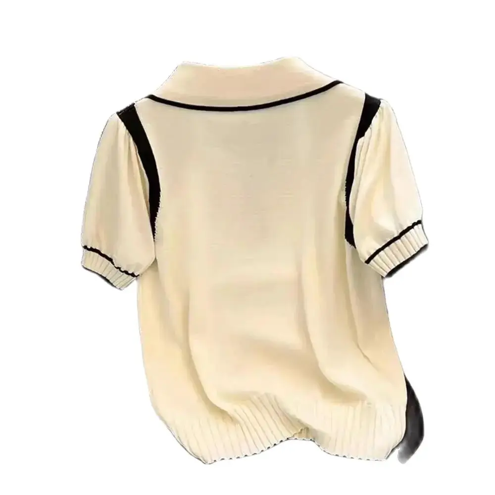Women Sweater Summer Spring Cat Embroidery Short Sleeve Knit Pullover Chic Korean Popular Clothes