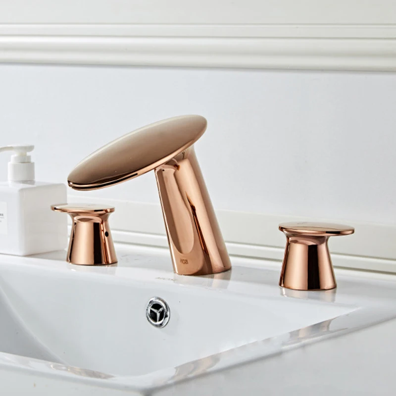 Basin Mixer Faucet Bathroom Sink Faucets Rose Gold Brass 3 Holes Double Handle Bathbasin Bathtub Taps Hot And Cold Water Faucets