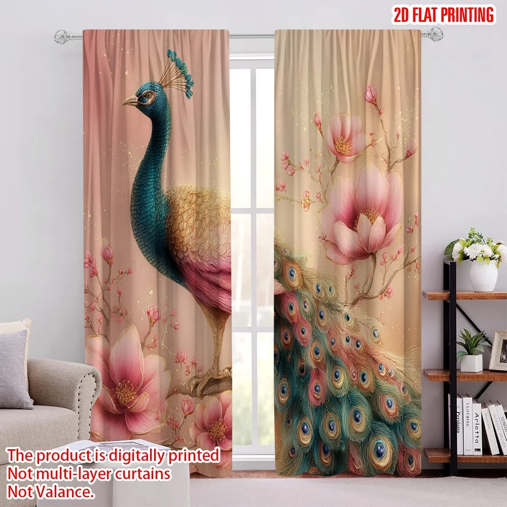 

2pcs 2D flat printing Curtain Vibrant Peacock floral Digital Printed Polyester Drapes Family Party Decoration for Drapes for