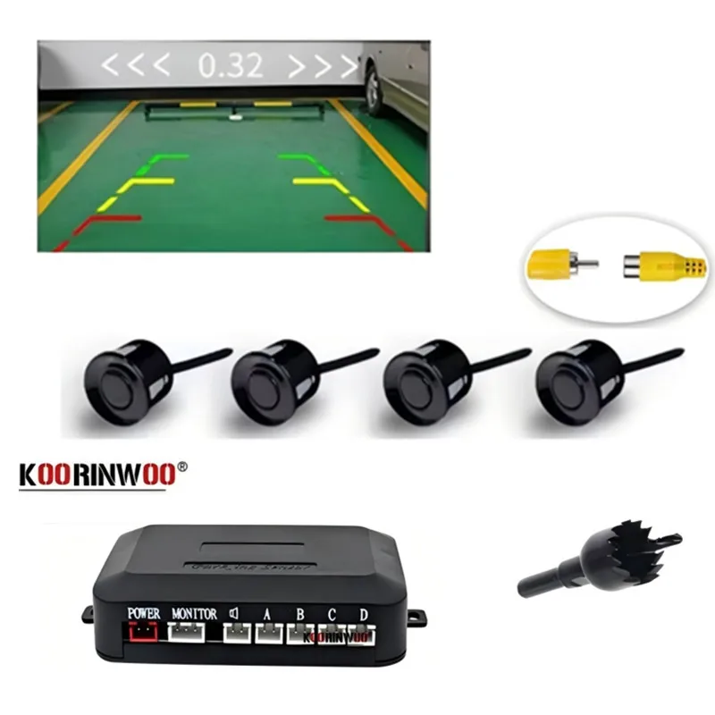 Koorinwoo Electromagnetic Adjustable Buzzer Car Parking Sensors 4 Radar Parktronic Video System Black White For Monitor Camera