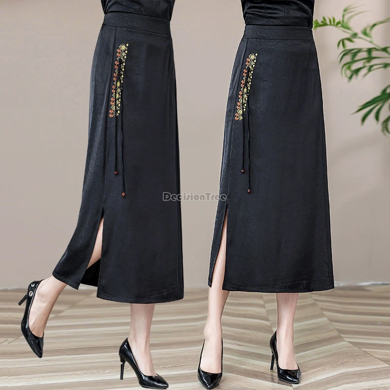 2024 new chinese style disc buckle satin elegant high-waisted slimming half skirt women package hip slit embroidered skirt b116