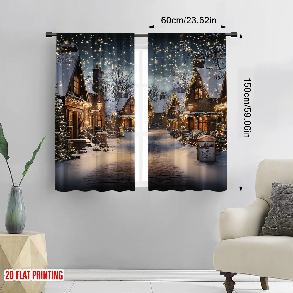 2Pcs 2D flat printingChristmas Village Curtains Christmas Rustic House Winter Snowy Christmas Suitable For Bedroom Living Room