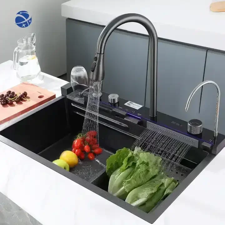 Counter type multifunction draining single bowl stainless steel waterfall kitchen sink with anti-Scratch LED digital display