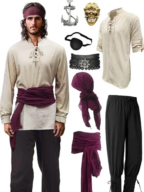 

Комплект из 8 предметов, костюм пирата эпохи Возрождения, мужской костюм на Хэллоуин, длинные бархатные брюки из баранины, длинные брюки с поясом, другой материал