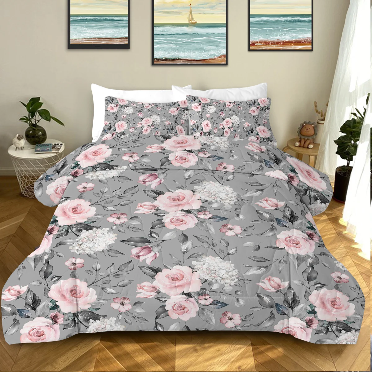 3 Piece White and Pink Flowers with Gray Leaves Printed Comforter Set Comfortable Quilt Set Suitable for All Seasons Home Decor