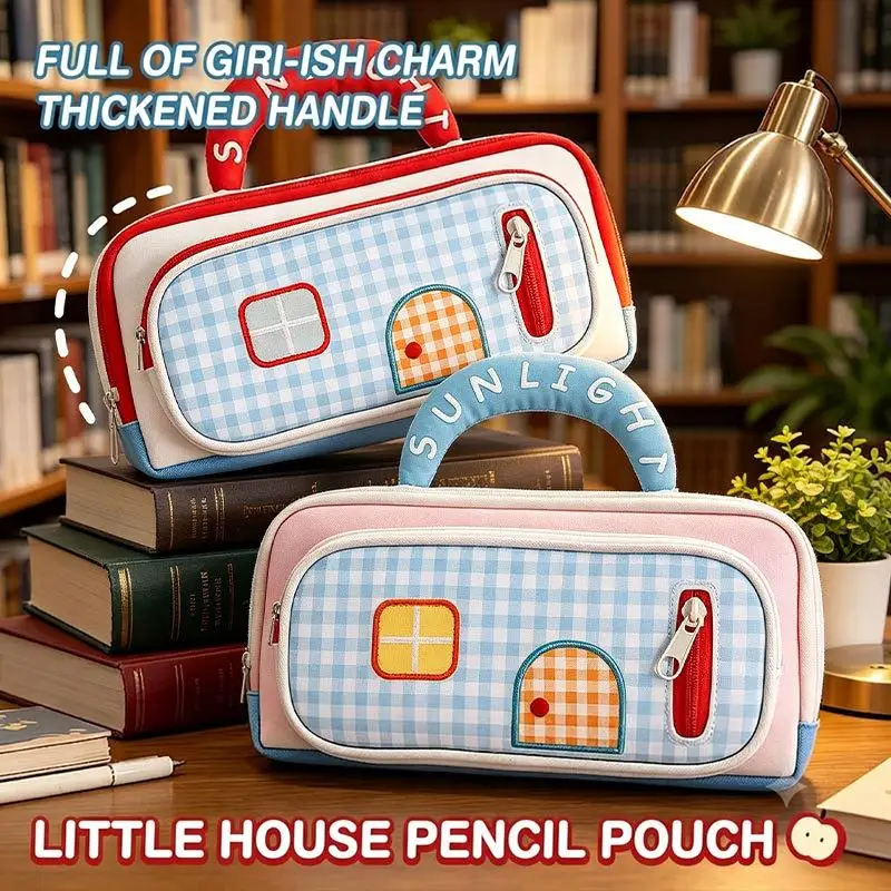 Cute Little House Gingham Pencil Pouch With Large Capacity And Thickened Handle For Kids Students Daily School Stationery Use