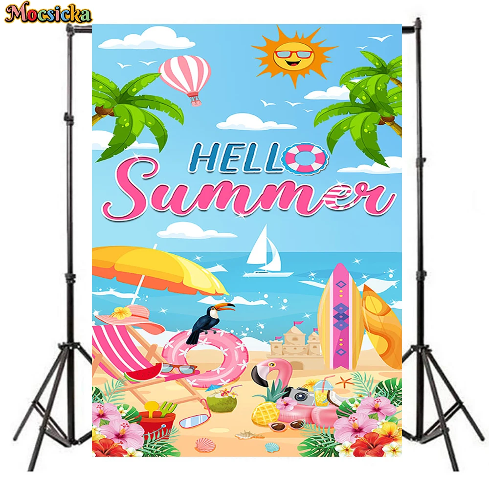Mocsicka Hello Summer Beach Photography Backdrop Tropical Palm Tree Surfboard Photo Background Hawaiian Baby Party Studio Props