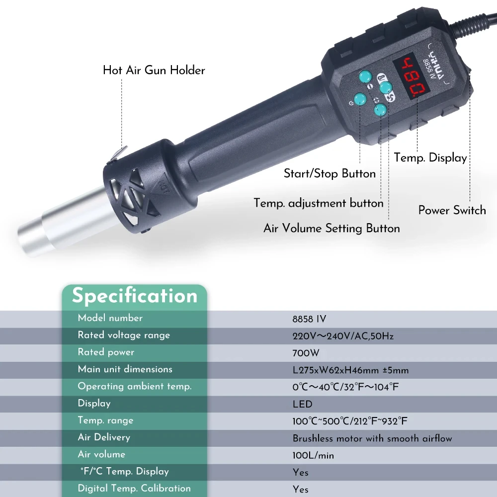 YIHUA 8858 IV 700W Digital Display Miniature Hot Air Gun C/F Temperature Adjustment For BGA IC Welding Repair Hot Air Gun Tool