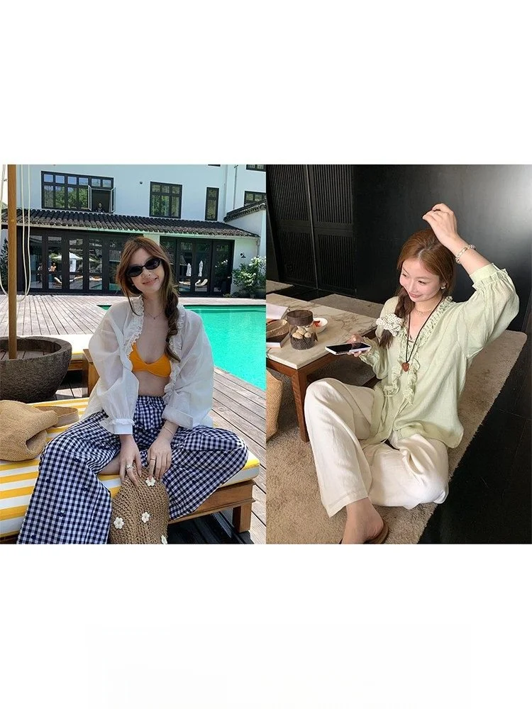 

Sun Protection Long Sve V-Ne Silk Texture Women's irt Casual Sle Loose Fit Summer Faion Thin Material Lantern Sve