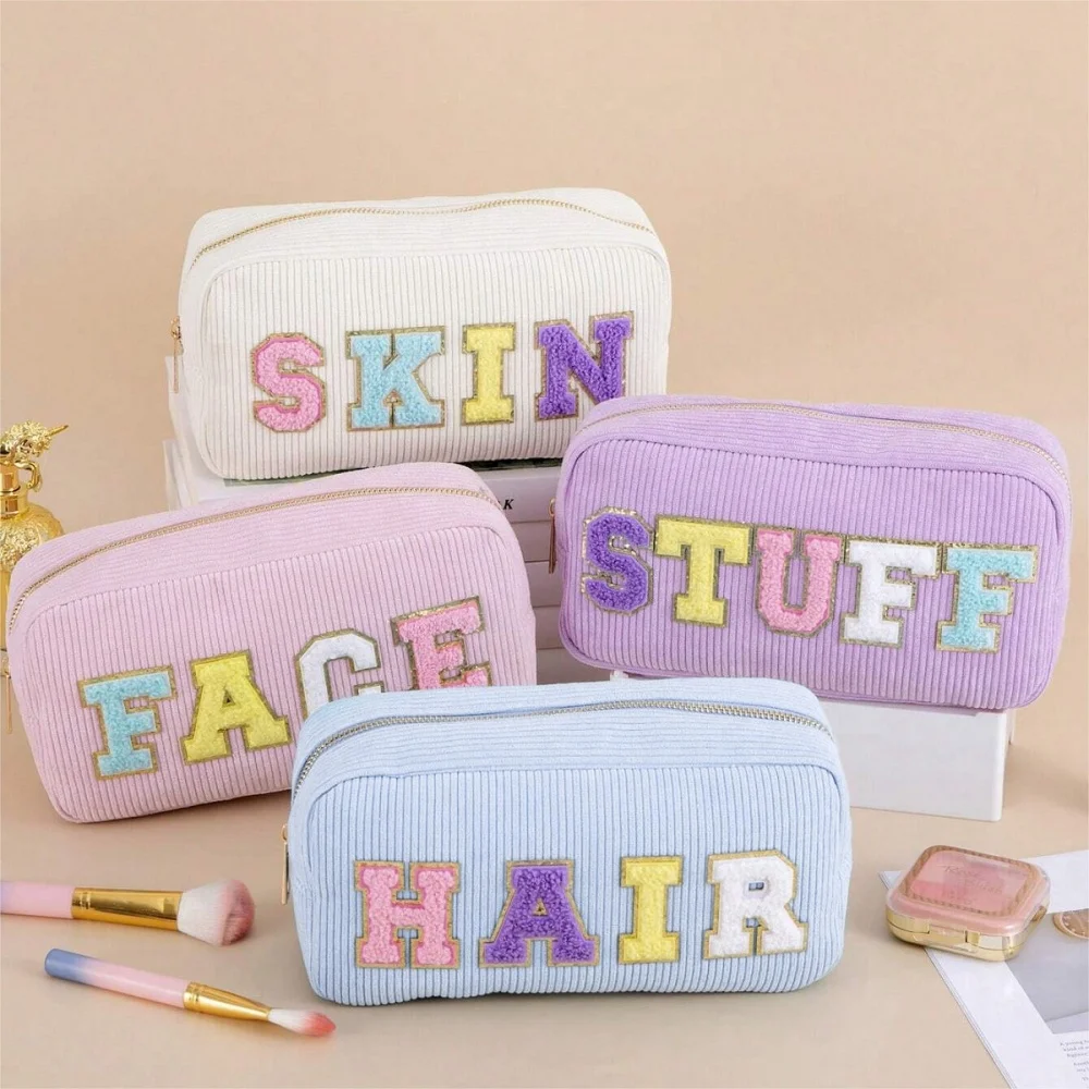 

Patch Makeup Bag Corduroy Cosmetic Bag Makeup Accessories Skincare Bag Chenille Letter Bag Portable Zipper Face Bag Cute Girls