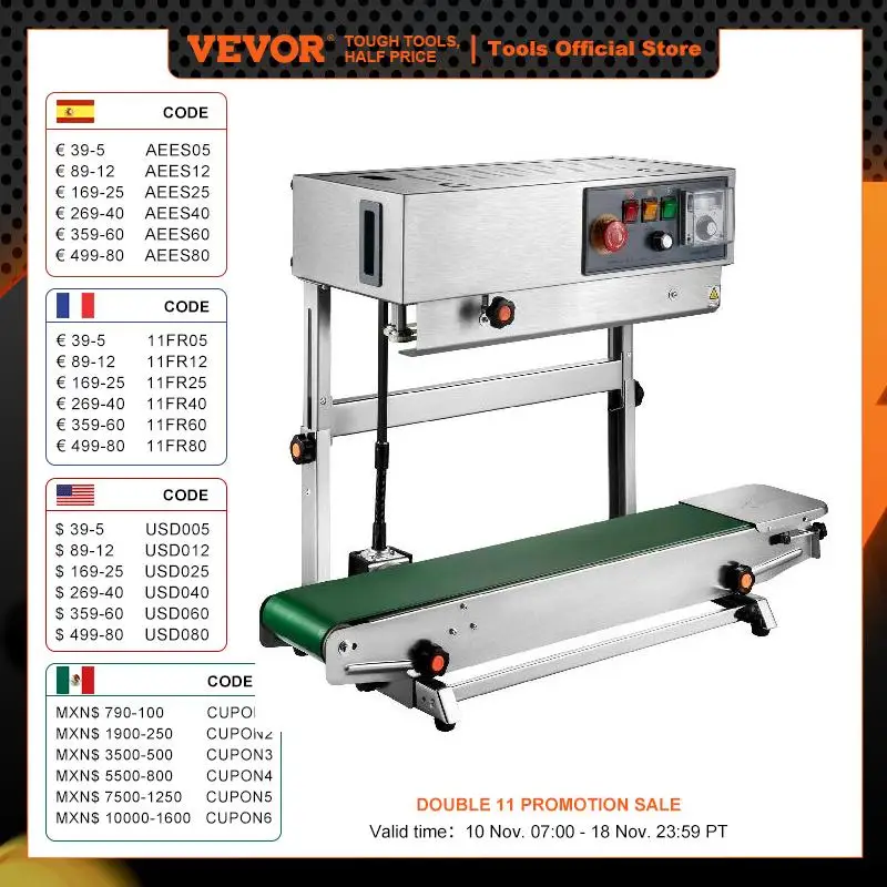 

VEVOR FR-770 Continuous Bag Sealing Machine Vertical/Horizontal Automatic Band Sealer with Digital Temperature Control for Films