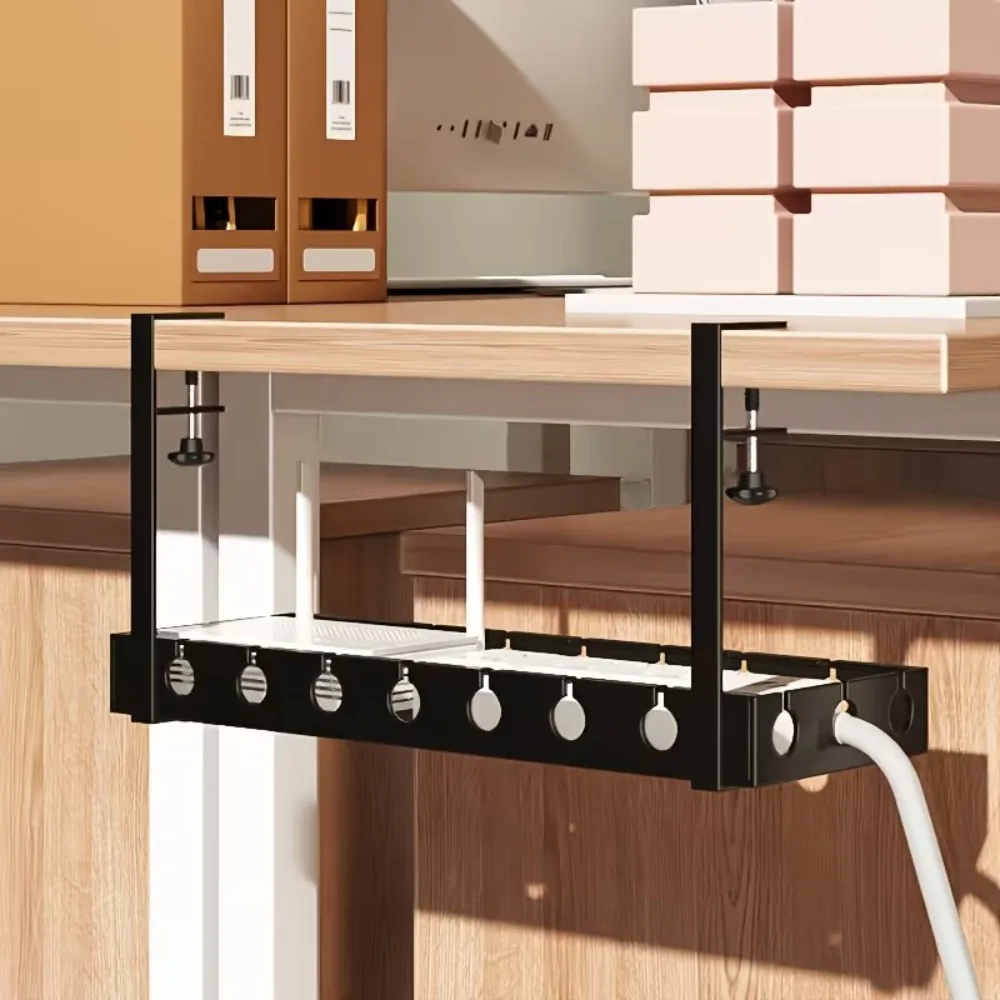 Organizador de cables metálico para colocar debajo del escritorio, con diseño hueco, capacidad máxima de carga de 15 kg, soporte resistente para la gestión de cables en estaciones de trabajo de oficinas y hogares.